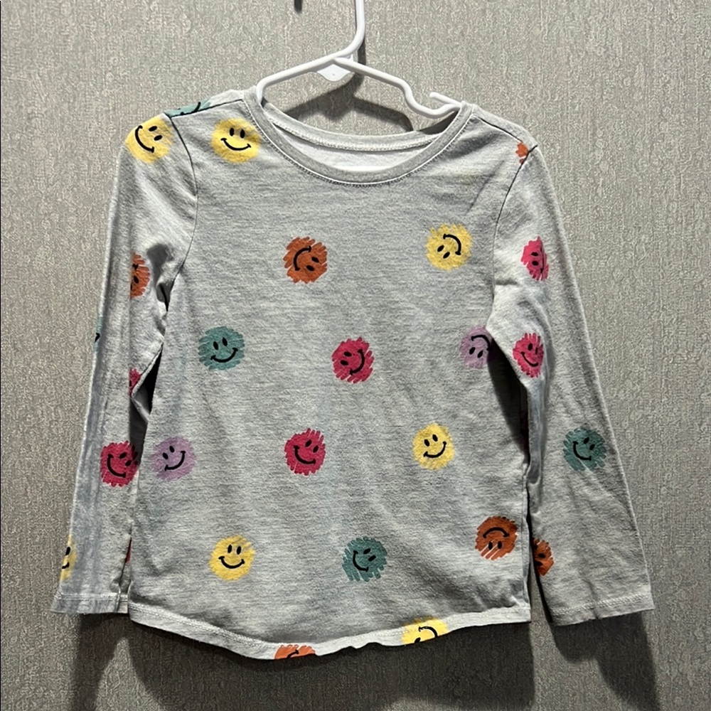 Gray Long Sleeve Tee with Colorful Smiley Faces and Pom-Poms